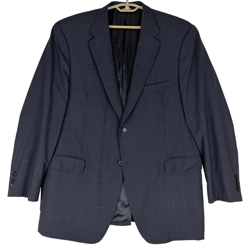 Grant Thomas Lord & Taylor Mens 46L Navy Windowpane Worsted Wool Sport Coat